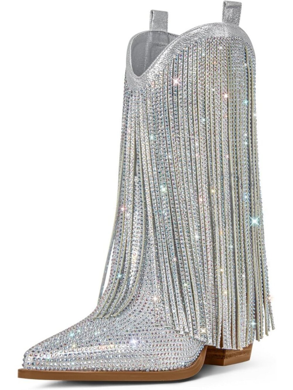 Women's Cowgirl Rhinestone Boots Silver with Sparkly Fringe Pointed Toe Western